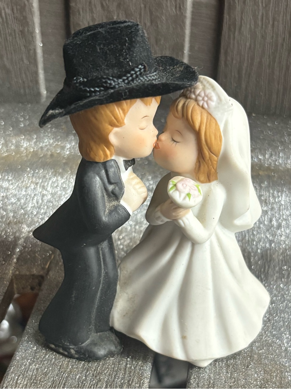 Vintage Romantic Bride and Groom Cake Topper in White and Black Cowboy